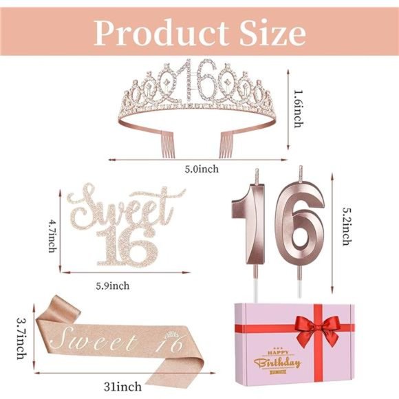 Sweet 16 Birthday Decorations for Girls, Including Sweet 16 Cake Toppers, Crown - Picture 5 of 7